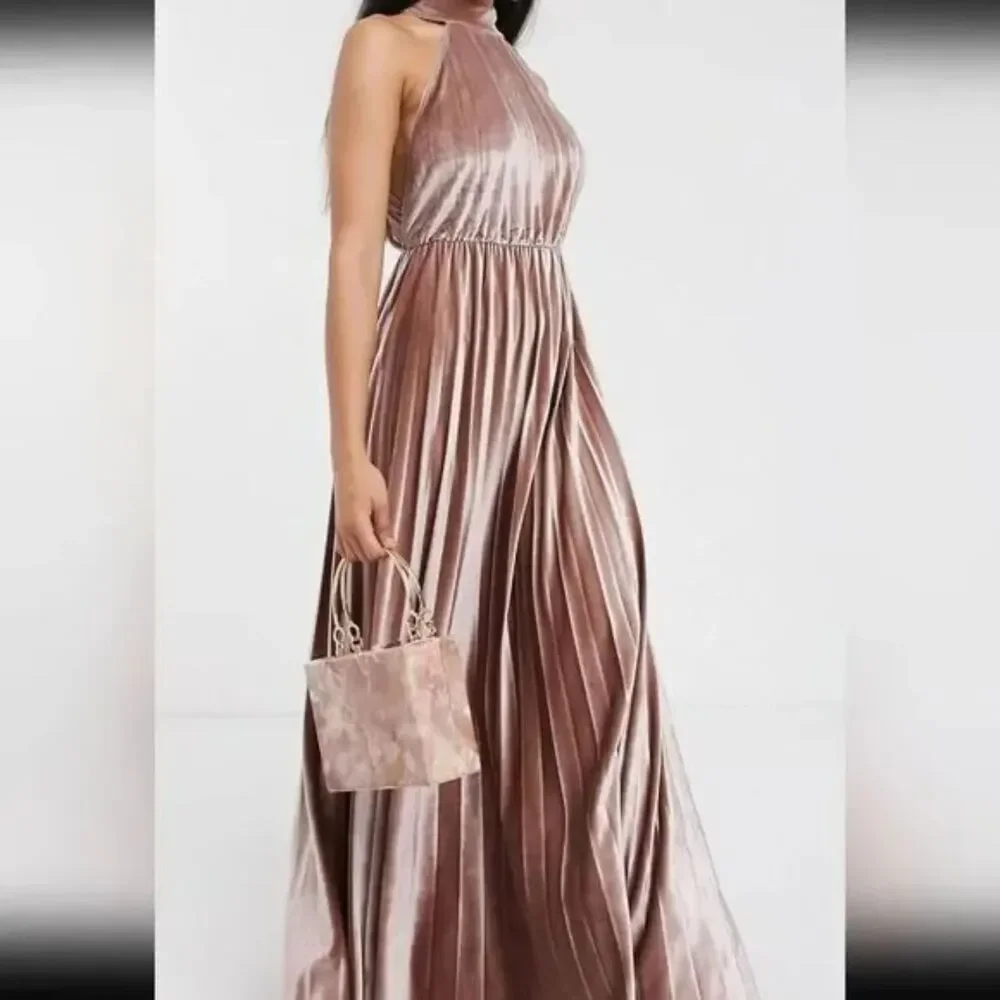 ASOS High Neck Pleated Champaign Pink Formal Maxi Dress Velvet Size 8 Chic Glam - Picture 2 of 16